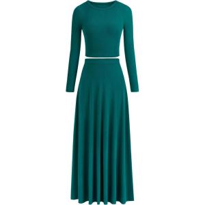 PRETTYGARDEN Women Fall Spring 2 Piece Outfits Dressy Casual Ribbed Knit Long Sleeve Crop Top Maxi Flowy Skirts Matching Sets(Blue Green)