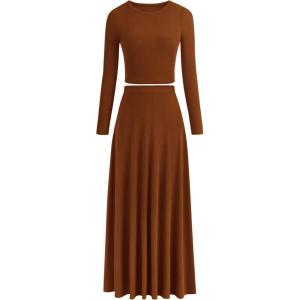 PRETTYGARDEN Women Fall Spring 2 Piece Outfits Dressy Casual Ribbed Knit Long Sleeve Crop Top Maxi Flowy Skirts Matching Sets(Brown)