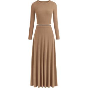 PRETTYGARDEN Women Fall Spring 2 Piece Outfits Dressy Casual Ribbed Knit Long Sleeve Crop Top Maxi Flowy Skirts Matching Sets(Camel)