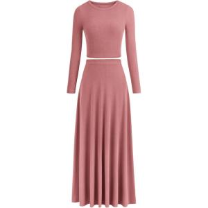 PRETTYGARDEN Women Fall Spring 2 Piece Outfits Dressy Casual Ribbed Knit Long Sleeve Crop Top Maxi Flowy Skirts Matching Sets(Dusty Pink)