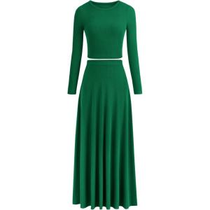 PRETTYGARDEN Women Fall Spring 2 Piece Outfits Dressy Casual Ribbed Knit Long Sleeve Crop Top Maxi Flowy Skirts Matching Sets(Green)