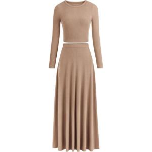 PRETTYGARDEN Women Fall Spring 2 Piece Outfits Dressy Casual Ribbed Knit Long Sleeve Crop Top Maxi Flowy Skirts Matching Sets(Khaki)
