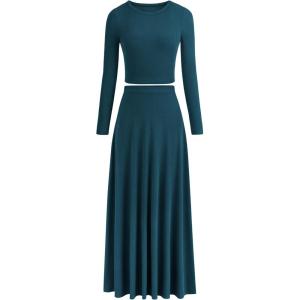 PRETTYGARDEN Women Fall Spring 2 Piece Outfits Dressy Casual Ribbed Knit Long Sleeve Crop Top Maxi Flowy Skirts Matching Sets(Lake Blue)