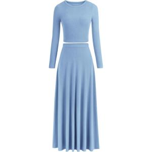 PRETTYGARDEN Women Fall Spring 2 Piece Outfits Dressy Casual Ribbed Knit Long Sleeve Crop Top Maxi Flowy Skirts Matching Sets(Light Blue)