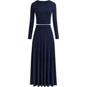 PRETTYGARDEN Women Fall Spring 2 Piece Outfits Dressy Casual Ribbed Knit Long Sleeve Crop Top Maxi Flowy Skirts Matching Sets(Navy)