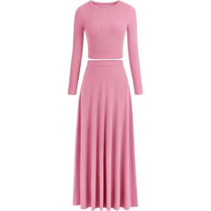 PRETTYGARDEN Women Fall Spring 2 Piece Outfits Dressy Casual Ribbed Knit Long Sleeve Crop Top Maxi Flowy Skirts Matching Sets(Pink)