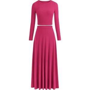 PRETTYGARDEN Women Fall Spring 2 Piece Outfits Dressy Casual Ribbed Knit Long Sleeve Crop Top Maxi Flowy Skirts Matching Sets(Rose Red)