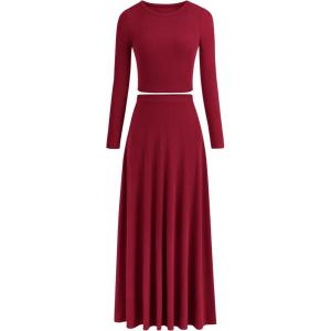 PRETTYGARDEN Women Fall Spring 2 Piece Outfits Dressy Casual Ribbed Knit Long Sleeve Crop Top Maxi Flowy Skirts Matching Sets(Wine Red)