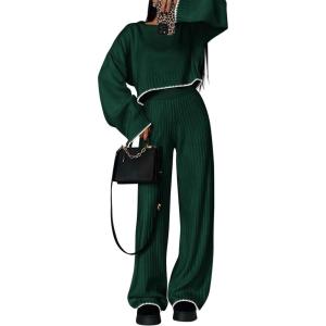 PRETTYGARDEN Women’s 2 Piece Fall Outfits Long Sleeve Crop Top Wide Leg Pants Knit Pullover Sweater Lounge Set