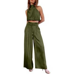 PRETTYGARDEN Women’s 2 Piece Outfits 2025 Summer Casual Sleeveless Mock Neck Crop Tops Wide Leg Pants Set