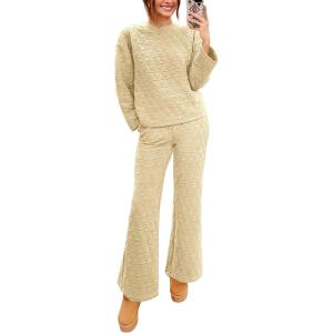 PRETTYGARDEN Women’s 2 Piece Outfits Fall Fashion Clothes Quilted Long Sleeve Tops Wide Leg Pants Matching Lounge Sets