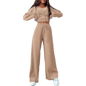 PRETTYGARDEN Womens 2024 Fall Track Suits 3 Piece Outfits Matching Sets Ribbed Knit Cardigan Cropped Tank Tops Wide Leg Pants