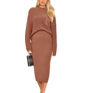PRETTYGARDEN Womens 2024 Fall Two Piece Outfits Ribbed Knit Long Sleeve Pullover Sweater and Bodycon Midi Skirt Sets (Brown,Small)