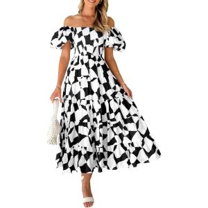 PRETTYGARDEN Women’s 2025 Summer Boho Midi Dress Off Shoulder Puff Sleeve Print Smocked Ruffle Beach Long Flowy Dresses(Black)
