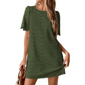 PRETTYGARDEN Women’s 2026 Summer Casual Short Dresses Embroidered Lace Short Sleeve Boho Mini Dress Beach Vacation Clothes(Army Green)