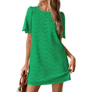 PRETTYGARDEN Women’s 2026 Summer Casual Short Dresses Embroidered Lace Short Sleeve Boho Mini Dress Beach Vacation Clothes(Green)