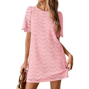 PRETTYGARDEN Women’s 2026 Summer Casual Short Dresses Embroidered Lace Short Sleeve Boho Mini Dress Beach Vacation Clothes(Pink)