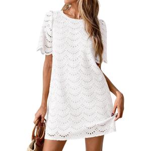 PRETTYGARDEN Women’s 2026 Summer Casual Short Dresses Embroidered Lace Short Sleeve Boho Mini Dress Beach Vacation Clothes(White)