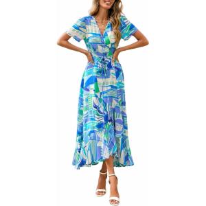 PRETTYGARDEN Women’s Boho Floral Maxi Dress Summer Short Sleeve Wrap V Neck Long Flowy Beach Vacation Wedding Guest Dresses(Blue Floral)