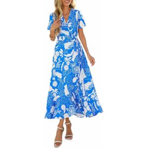 PRETTYGARDEN Women’s Boho Floral Maxi Dress Summer Short Sleeve Wrap V Neck Long Flowy Beach Vacation Wedding Guest Dresses(Blue White Flower)