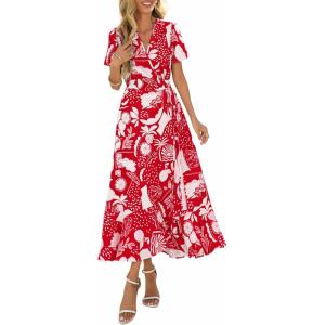 PRETTYGARDEN Women’s Boho Floral Maxi Dress Summer Short Sleeve Wrap V Neck Long Flowy Beach Vacation Wedding Guest Dresses(Red Print)