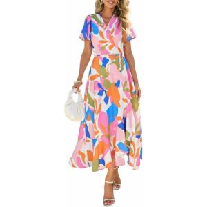 PRETTYGARDEN Women’s Boho Floral Maxi Dress Summer Short Sleeve Wrap V Neck Long Flowy Beach Vacation Wedding Guest Dresses(White Multicolored)