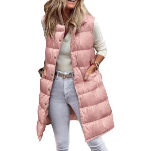 PRETTYGARDEN Women’s Fall Long Puffer Vest Collared Sleeveless Button Down Warm Jackets Coat Casual Trendy Winter Outerwear