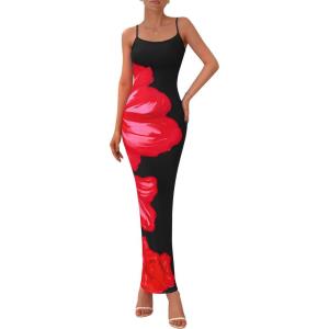 PRETTYGARDEN Womens Floral Maxi Dress Summer 2026 Sexy Spaghetti Strap Slip Bodycon Mesh Beach Vacation Dresses(Black Pink Flower)