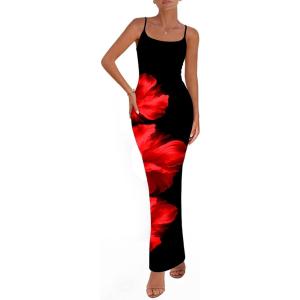 PRETTYGARDEN Womens Floral Maxi Dress Summer 2026 Sexy Spaghetti Strap Slip Bodycon Mesh Beach Vacation Dresses(Floral Black Red)