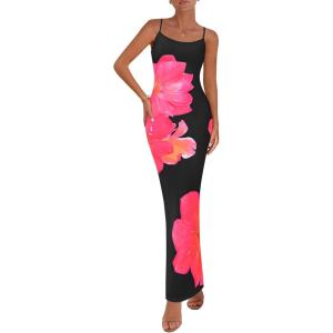PRETTYGARDEN Womens Floral Maxi Dress Summer 2026 Sexy Spaghetti Strap Slip Bodycon Mesh Beach Vacation Dresses(Floral Black Rose Red)