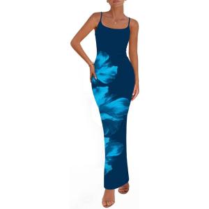 PRETTYGARDEN Womens Floral Maxi Dress Summer 2026 Sexy Spaghetti Strap Slip Bodycon Mesh Beach Vacation Dresses(Floral Dark Blue)