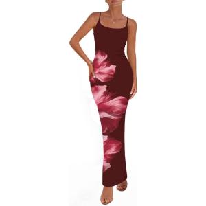 PRETTYGARDEN Womens Floral Maxi Dress Summer 2026 Sexy Spaghetti Strap Slip Bodycon Mesh Beach Vacation Dresses(Floral Wine Red)