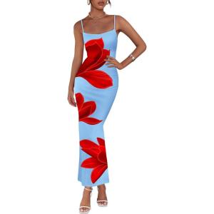 PRETTYGARDEN Womens Floral Maxi Dress Summer 2026 Sexy Spaghetti Strap Slip Bodycon Mesh Beach Vacation Dresses(Light Blue)