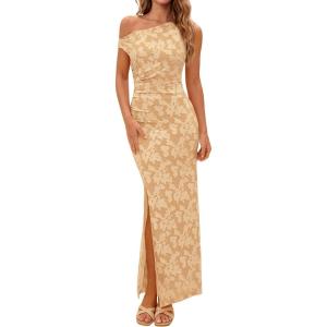 PRETTYGARDEN Womens Floral One Shoulder Maxi Dress 2026 Summer Spring Bodycon Ruched Side Slit Elegant Cocktail Party Dresses(Khaki)