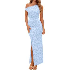PRETTYGARDEN Womens Floral One Shoulder Maxi Dress 2026 Summer Spring Bodycon Ruched Side Slit Elegant Cocktail Party Dresses(Light Blue)