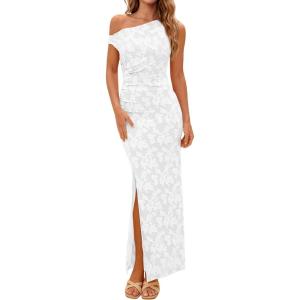 PRETTYGARDEN Womens Floral One Shoulder Maxi Dress 2026 Summer Spring Bodycon Ruched Side Slit Elegant Cocktail Party Dresses(White)