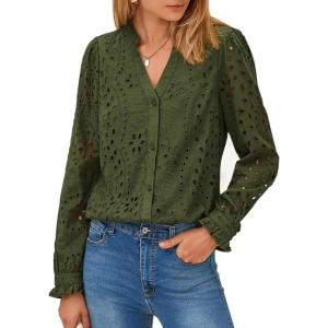 PRETTYGARDEN Women’s Long Sleeve Tops 2025 Fall Eyelet V Neck Shirts Dressy Casual Lace Button Blouses(Army Green)