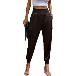 PRETTYGARDEN Women’s Satin Jogger Pants Casual Dressy High Waist Long Lounge Pant Trousers Summer Outfits with Pockets(Dark Coffee)