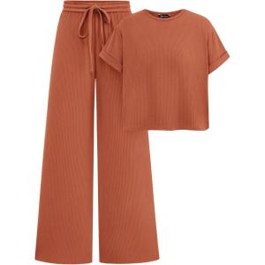 PRETTYGARDEN Women’s Summer 2 Piece Knit Loungewear Short Sleeve T Shirts Wide Leg Pants Tracksuit Casual Outfits(Brick Red)
