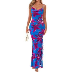 PRETTYGARDEN Women’s Summer Beach Wedding Guest Dress Bodycon Floral Maxi Dresses 2026 Spring Tropical Vacation Sundresses(Blue Pink Floral)