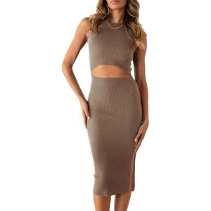 PRETTYGARDEN Women’s Summer Midi Bodycon Dresses Casual Crew Neck Side Slit Sleeveless Knit Cut Out Tank Top Dress(Camel)