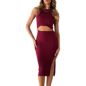 PRETTYGARDEN Women’s Summer Midi Bodycon Dresses Casual Crew Neck Side Slit Sleeveless Knit Cut Out Tank Top Dress(Wine Red)