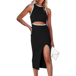 PRETTYGARDEN Women’s Summer Midi Bodycon Dresses Casual Crew Neck Side Slit Sleeveless Knit Cut Out Tank Top Dress(Z-black)