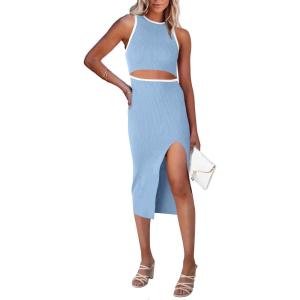 PRETTYGARDEN Women’s Summer Midi Bodycon Dresses Casual Crew Neck Side Slit Sleeveless Knit Cut Out Tank Top Dress(Z-light Blue)