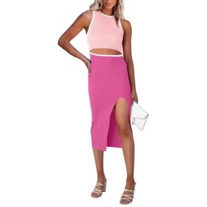 PRETTYGARDEN Women’s Summer Midi Bodycon Dresses Casual Crew Neck Side Slit Sleeveless Knit Cut Out Tank Top Dress(Z-light Pink-rose Pink)