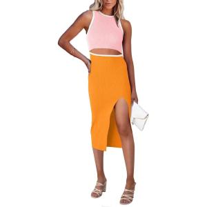 PRETTYGARDEN Women’s Summer Midi Bodycon Dresses Casual Crew Neck Side Slit Sleeveless Knit Cut Out Tank Top Dress(Z-light Pink-yellow)