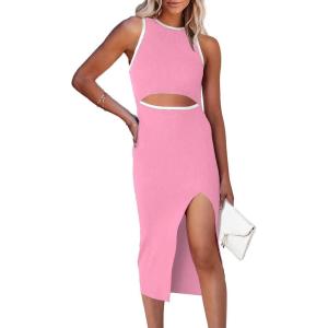 PRETTYGARDEN Women’s Summer Midi Bodycon Dresses Casual Crew Neck Side Slit Sleeveless Knit Cut Out Tank Top Dress(Z-pink)