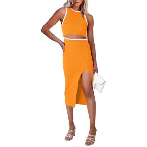 PRETTYGARDEN Women’s Summer Midi Bodycon Dresses Casual Crew Neck Side Slit Sleeveless Knit Cut Out Tank Top Dress(Z-yellow)