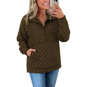 PRETTYGARDEN Women’s Winter Quilted Sweatshirt Casual Quarter Zip Collared Long Sleeve V Neck Pullover Tops
