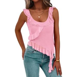 PRETTYGARDEN Women’s Y2K Going Out Crop Top Summer Sleeveless Asymmetrical Mesh Tank Top Fitted Party Tops